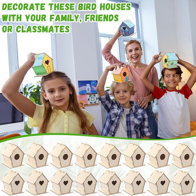 DoubleFill 24 Pack 4.33'' Wooden Bird House Craft Kit for Kids Spring DIY Birdhouse to Build and Paint Unfinished Hanging Birdhouse Bulk Spring Summer Bird Feeder for Class Creative VBS Crafts