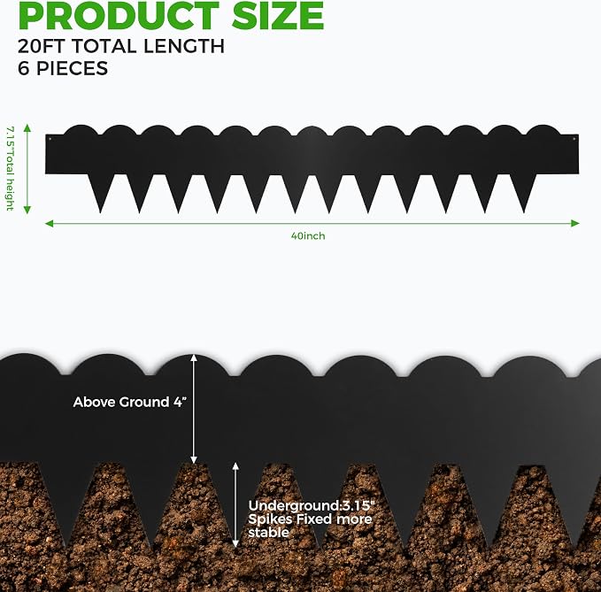 Cor-Ten Steel Landscape Edging 6-Pcsk, 40" L x 7" H Metal Garden Border with 8 Stakes, Heavy Duty Hammer in Landscape Edging for Lawn, Pathway, Yard, Black(20 Ft Total)