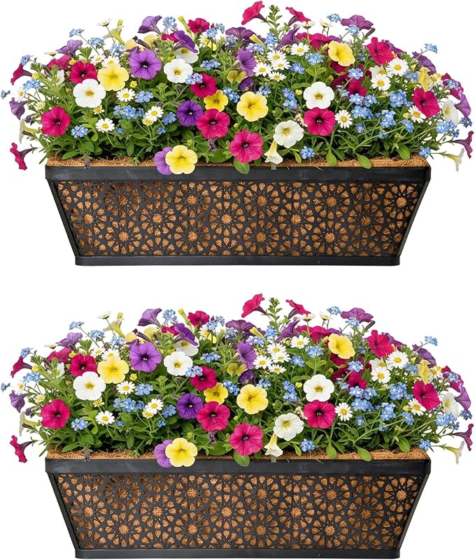 2 PCS 24 Inch Window Deck Box Railing Planter Boxes with Coco Liner,Black Metal Hanging Flower Planter Basket Hanging for Window Sill Balcony Courtyard Garden