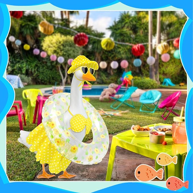 Hawaiian Goose Outfit with Sunglasses & Wreath,Porch Goose Outfits for 23" 17" Cement Plastic Goose Clothes Costumes,Garden Decor Duck Costume for Outdoor Statues(Bikini)