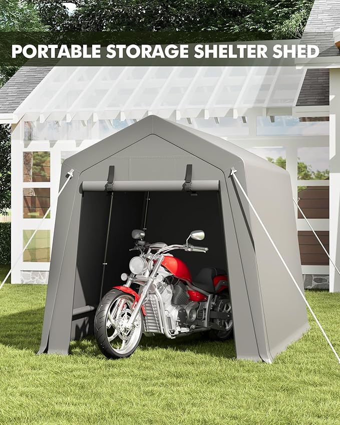 7x10 FT Portable Carport Storage Shed Tent – Heavy Duty Waterproof & UV-Resistant Motorcycle Tent with Roll-Up Zipper Doors, Steel Frame Shelter for Bike, Outdoor Tools & Equipment, Grey