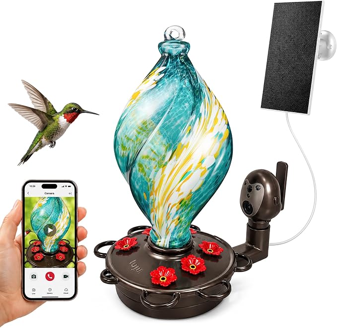LUJII Smart Hummingbird Feeder with Camera for Outdoor Hanging, Hand Blown Glass, Solar WiFi Feeder with Live View App, 6 Feeding Ports, Leak-Resistant Design, Ant Moat & Gift Box, 28 fl oz, Teal