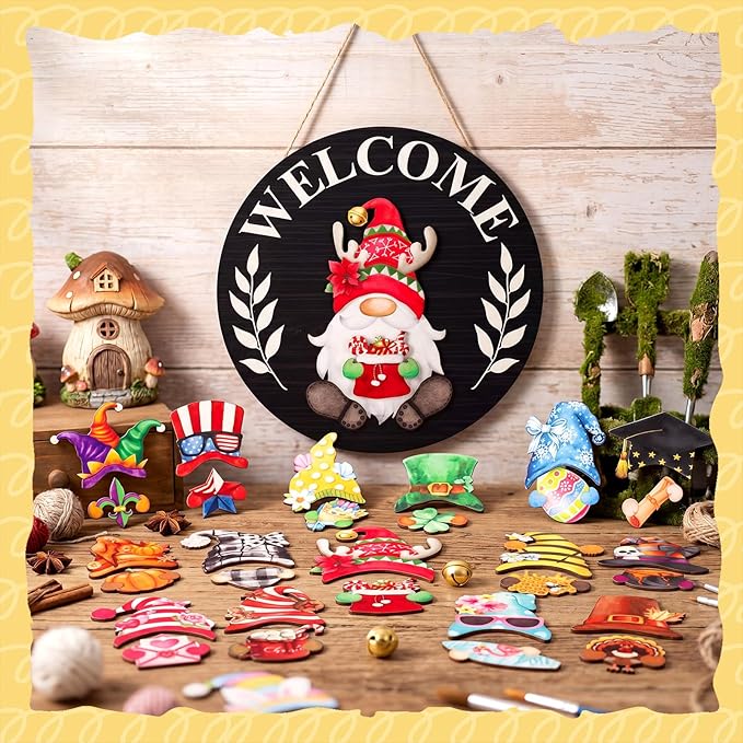 Qunclay Interchangeable Wooden Gnome Decor Holiday Seasonal Gnome Decorations with Magnet Pieces and Detachable Hats Changeable Welcome Sign for Home(Black)