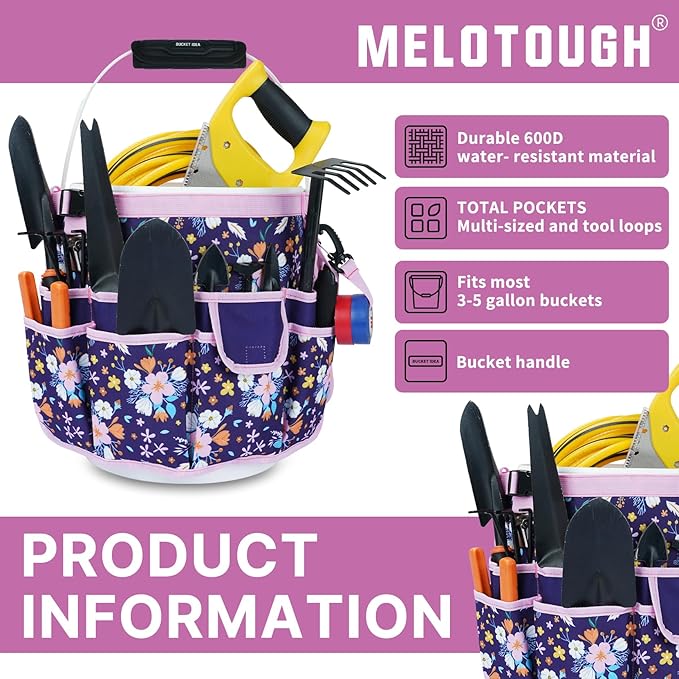 MELOTOUGH Bucket Caddy Organizer Bucket Tool Organizer for Garden Tools Fit 3.5 to 5 Gallon Bucket, Garden Kneeling Pad, 1" Thick Soft NBR Foam Kneeling Pads for Gardening, Cleaning, Work