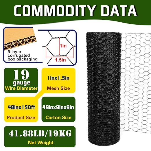 Premium Black Chicken Wire Fencing 48inx150ft, PVC Coated Chicken Wire, Poultry Netting, Galvanized Chicken Wire Barrier for Floral Arrangements/Craft Projects/Pet/Rabbit
