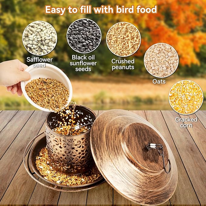 Metal Bird Feeders for Outdoors Hanging, Weather Resistant Wild Bird Feeder with 360 Degree Feeding Tray (Copper)
