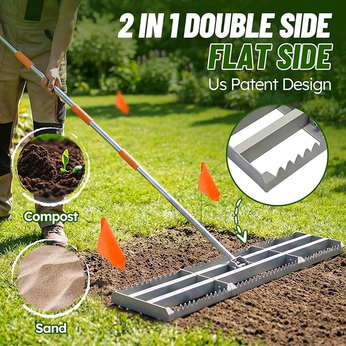 Lawn Leveling Rake, 2-in-1 Double-Sided Landscape Leveler with 20 Marking Flags for Low Spot, 48"×10” Heavy Duty Stainless Steel Flat & Serrated Side for Soil Sand Gravel, Yard Garden Golf Course