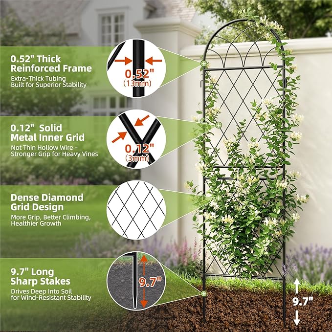 2 Pack 70.8" X 19.7" Metal Garden Trellis for Climbing Plants Outdoor - Rustproof Heavy Duty Arched Trellis - Decorative Rose Plant Support Trellis for Roses,Vines,Vegetables,Flowers,Black