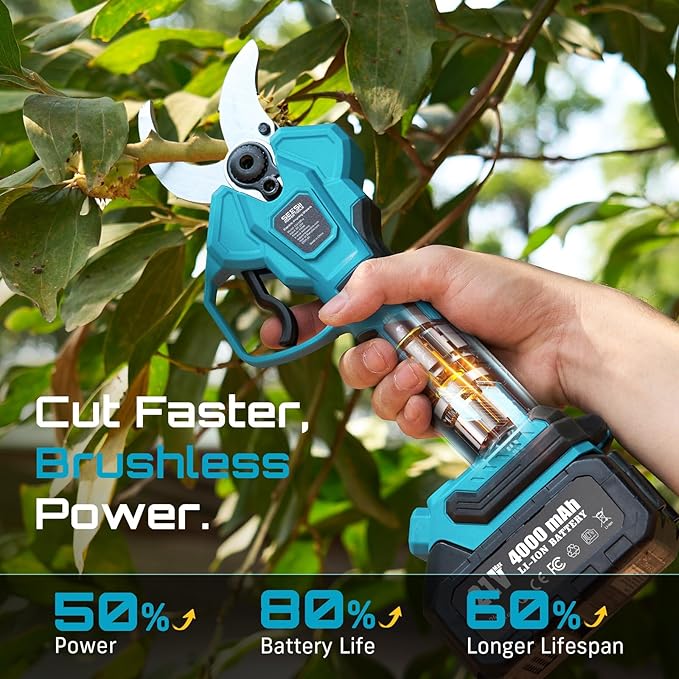 SEESII Electric Pruning Shears for Gardening: 1.8” Cutting Cordless Power Pruner - Brushless Motor, Dual 4.0Ah Battery, 4 Levels Adjustable Extra SK5 Blade Branches Cutter For Tree & Flower Trimming