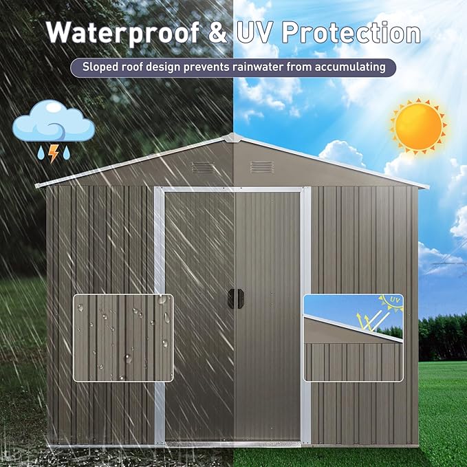 KEIKI 8x10 FT Outdoor Metal Storage Shed with Peaked Roof,Vents,Window and Metal Foundation for Garden Yard