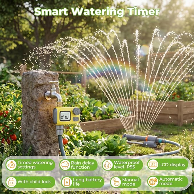 3 in 1 Smart Oscillating Sprinkler System with Timer, 3000 Sq.Ft Lawn Irrigation Kit, 360° Sprinkler, 33FT 5/8" Anti-Kink Hose, Solid Brass Connector for Yard, Lawn, Garden, Raised Bed, Outdoor