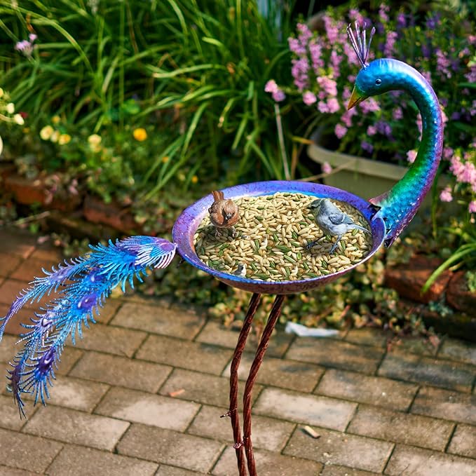 HLQMFHT 12.8" W*38.2" H Peacock Bird Baths for Outdoor, Metal Bird Feeder Seed Trayr,Bird Bath Drinker Plate, Garden Lawn Yard Decor(Multicolor)