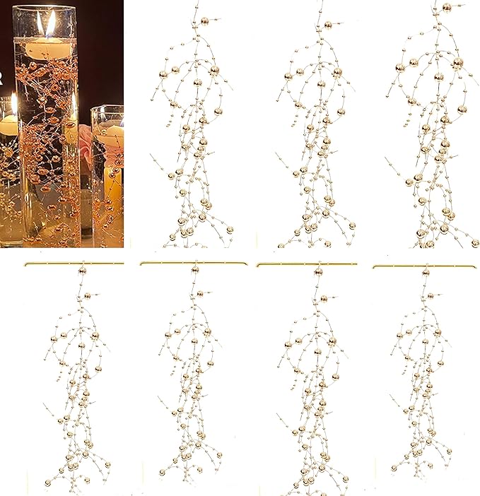TeaSu 24Pcs Pearl String for Floating Candle Centerpieces, Pearl Vase Filler Decor for Wedding Centerpieces (Champagne Gold)