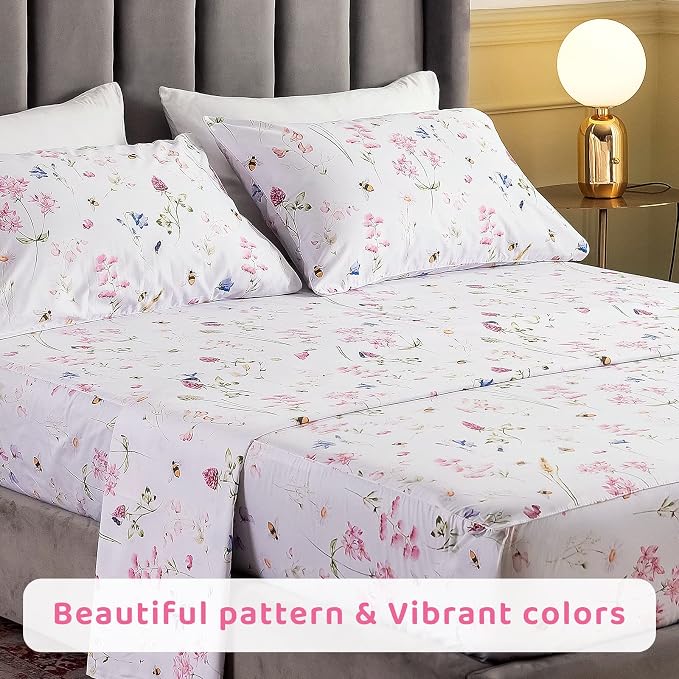 QSH Floral Bed Sheets Set King Size - Shabby Flower Bee Print Bed Sheet Set - Extra Soft and Breathable 100% Egyptian Cotton - 4 pcs King Size Sheets with Deep Pockets Flower Bed Sheets