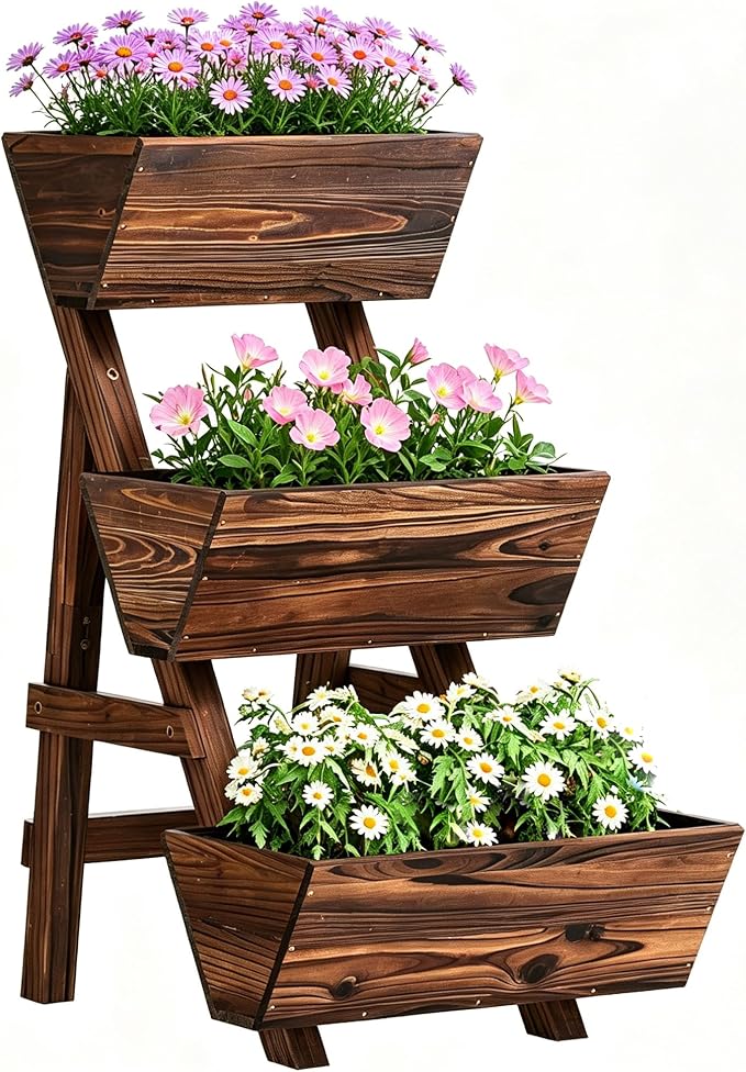 Vertical Wooden Raised Garden Bed, Garden Planters Freestanding Wood Plant Stand Flower Rack Wooden Planter Box for Plants Herbs Flowers Vegetables Outdoor Indoor Gardening (3-Tier Small Carbonized)