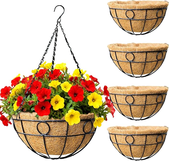 4 Pack 14" Round Metal Hanging Basket for Outdoor Plants Durable Large Hanging Planter with Coco Coir Round Plant Holders Planter for Outside Garden Decoration (Circular)