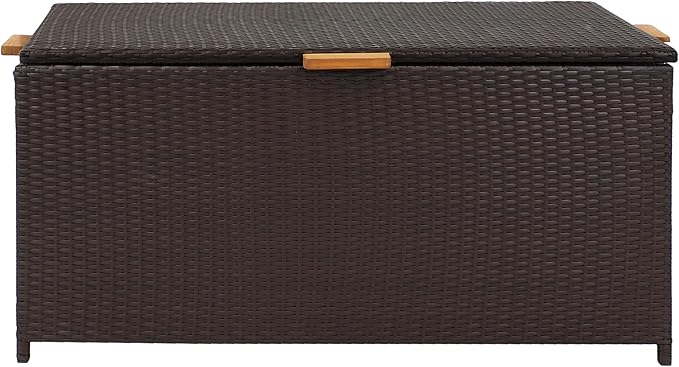 Sunnydaze Faux Wicker Storage Box - Outdoor Deck Box with Handles - 75-Gallon Front Door Package Delivery Box with Hinged Lid - Brown