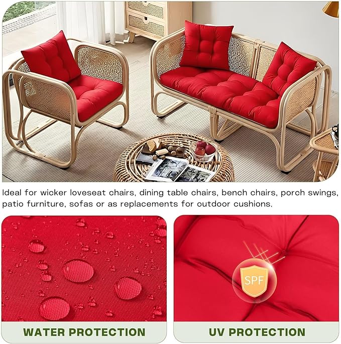 Wicker Chair Cushions Set, 2 U-Shaped Cushions & 1 Loveseat, Waterproof Outdoor Loveseat Cushion for Patio Furniture, Settee Bench Pad All Weather,Red