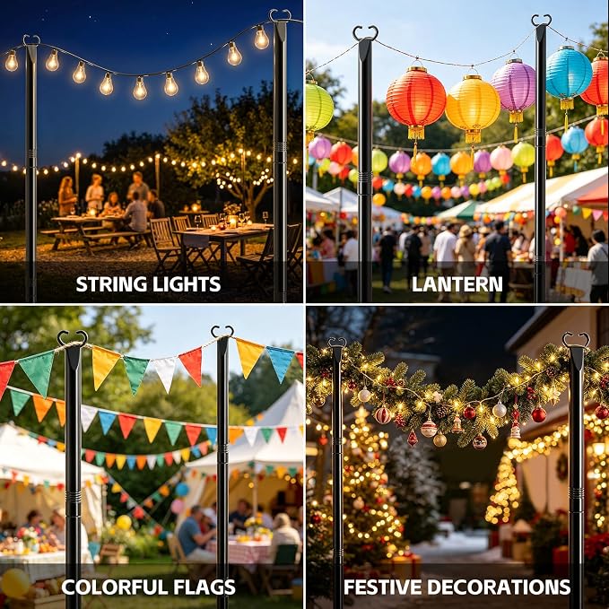 10Ft String Light Poles 6 Pack,Poles for Outdoor String Lights with Fork and Fence Clamp,Hanging Lights Metal Stand Post for Deck Patio Backyard Garden Decorations