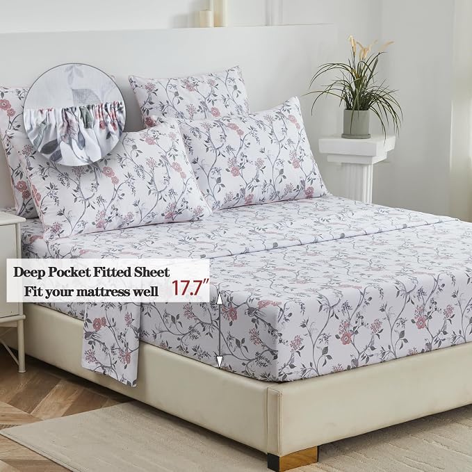FADFAY Sheets Set King Rustic Bird Floral Bed Sheets Set Vintage Botanical Bedding Shabby Branches Leaves Bedding Collections 100% Egyptian Cotton Breathable Soft 17.7" Deep Pocket 4Pcs, King Size
