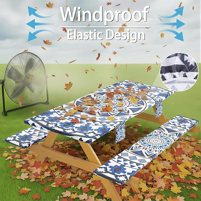 Fitted Waterproof Picnic Table Cover with Bench Covers Elastic 72×30Inch Weather Proof Non Slip Camping Table Clothes for 6Feet Rectangle Tables Campers Summer Fall Travel Hiking Tools Gifts