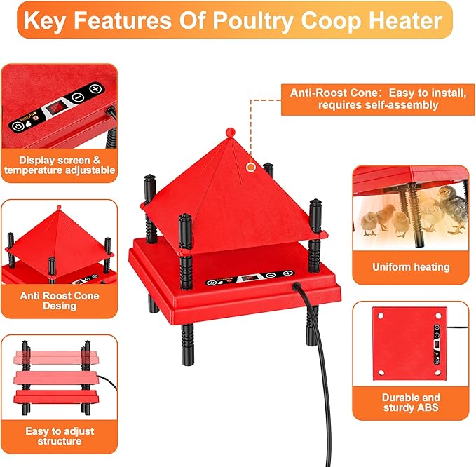 ZenxyHoC Brooder Plate for Chicks with Anti-Roost Cone, Chick Brooder Heater Red 10" x 10" with Digital Display Temperature Control