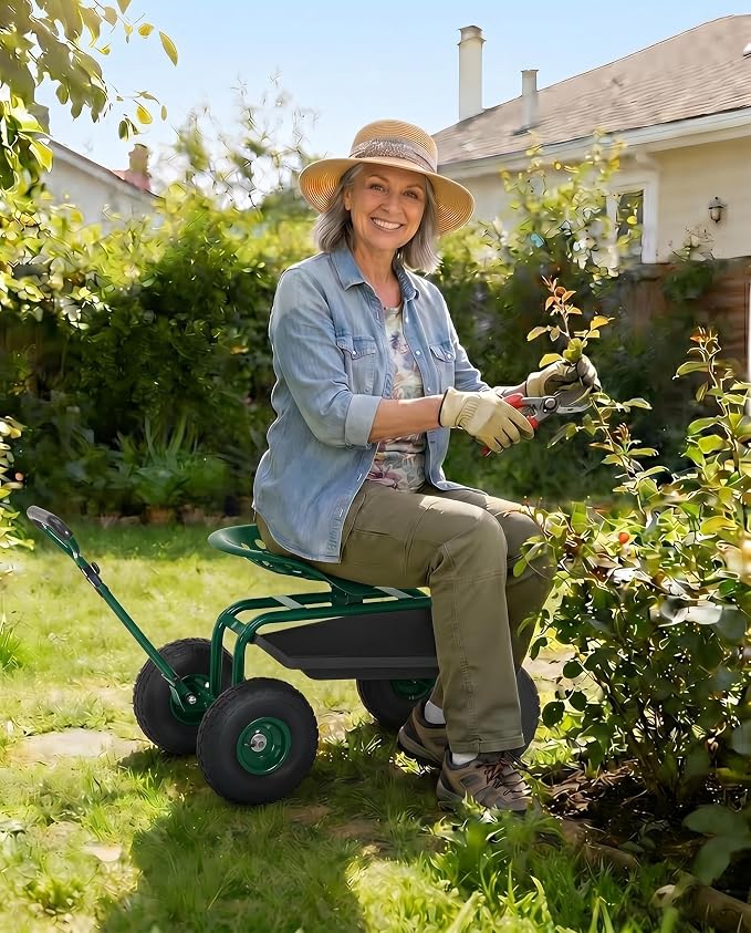 Garvee Heavy Duty Garden Seat, Garden Scooter Rolling Work Seat, 360° Swivel with 10-Inch All-Terrain Inflatable Tires, Extendable Steering Handle & Metal Tool Tray for Planting, Weeding, Yard Work