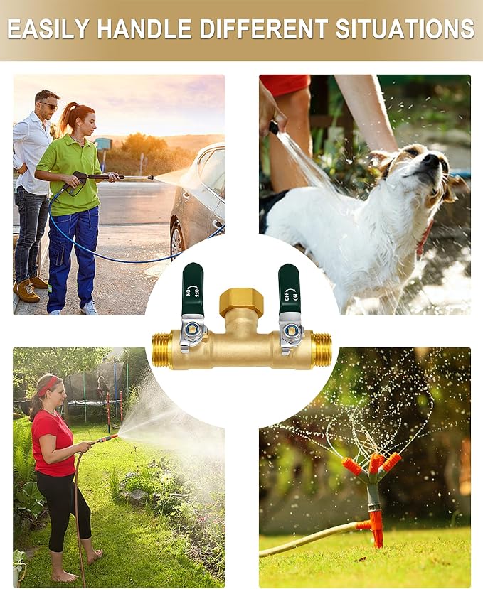 EBH Garden Hose Splitter 2 Way, Heavy Duty Solid Brass Hose Splitter with Shutoff Valves, Water Spigot Splitter With 304 Stainless Steel Handle, Full Flow Outdoor Faucet Splitter, 3/4" GHT Thread