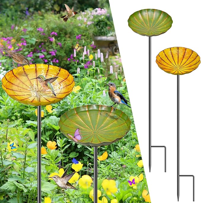 2PCS Metal Flower Bird Bath for Outside, Small Hummingbird Bath Bowl Detachable Birdfeeder Bowl Garden Decor for Outdoor Yard Lawn (2PCS-Yellow-Green)