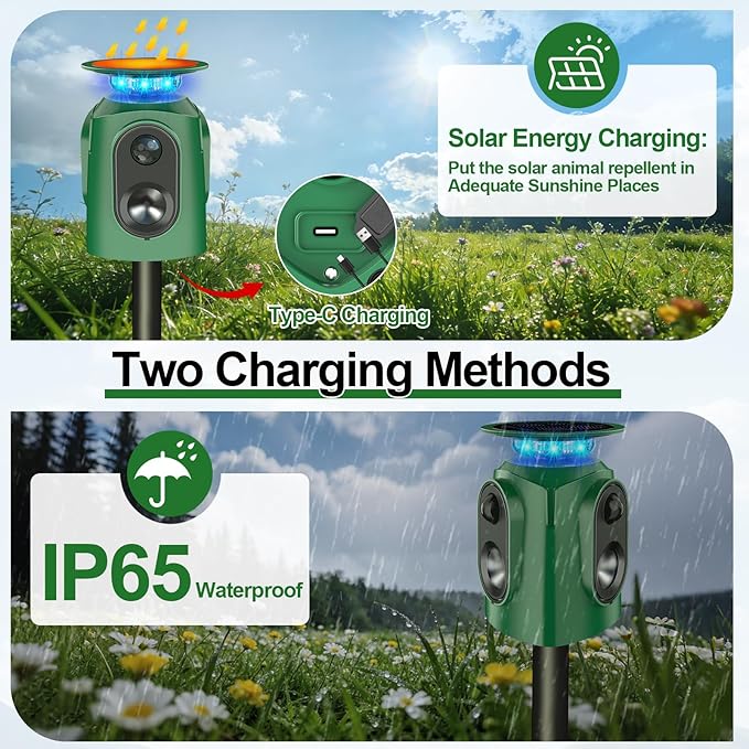 360° Solar Animal Repellent,Ultrasonic Cat Repellent Outdoor,Solar Animal Repeller with Motion Sensor,Waterproof Rabbit Repeller with Flashing Light Defender Dog Squirrel Deer Birds for Yard Orchard