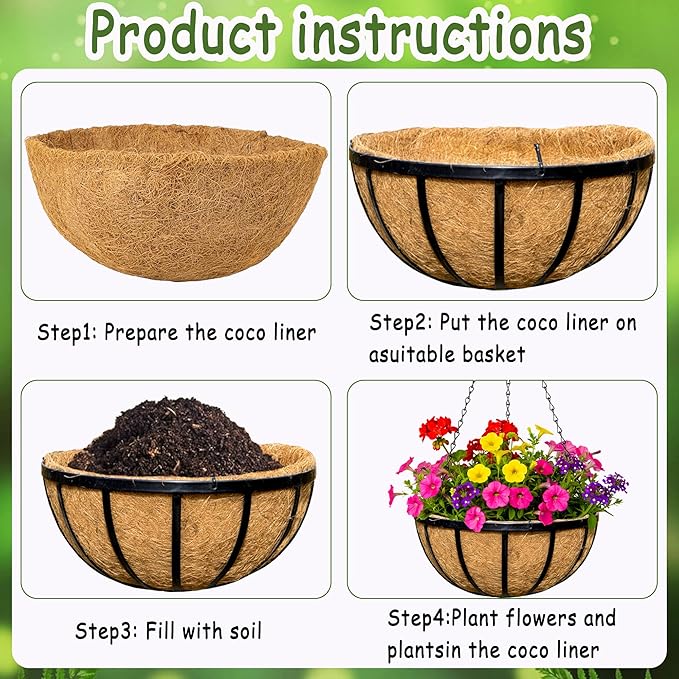 4pcs 14 inch Metal Hanging Baskets Round Wire Plant Stand with Coco Lining Cushion Decorative Planter Hanger Garden Indoor Outdoor Watering Hanging Basket （BT）