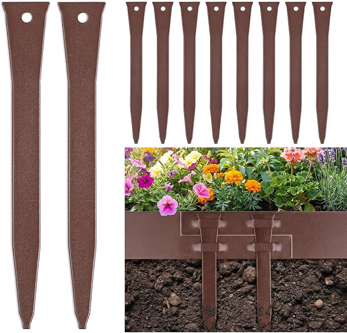 10 Pcs 12 Inch Metal Landscape Edging Stakes Galvanized Steel Garden Stakes Landscape Anchoring Spikes for Outdoor Terrace Grass Board Barrier Edging Coil Barrier Garden Lawn (Brown)