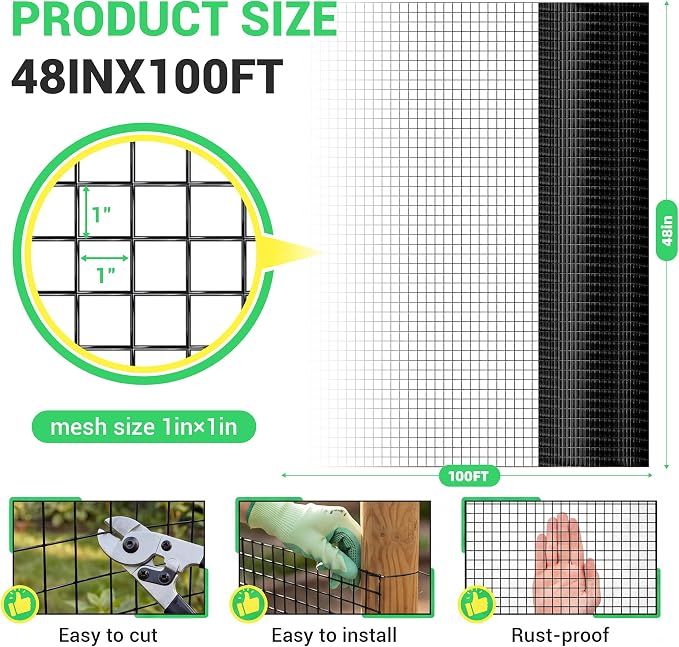 Land Guard 48 inch×100 ft Black Vinyl Coated Hardware Cloth, 1 inch Black PVC Hardware Cloth, Black Welded Wire Fence Supports Poultry Netting Cage Fence
