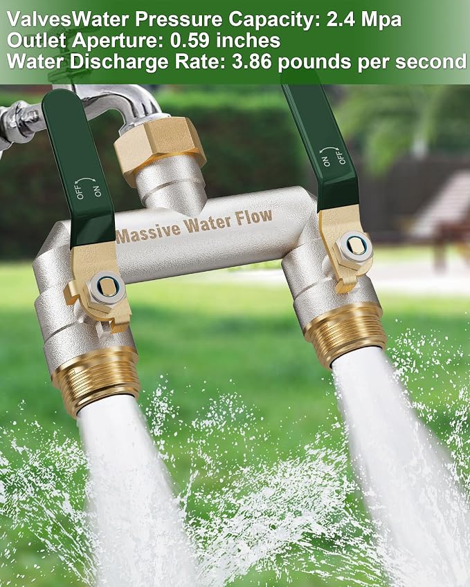 Hose Splitter 2 Way Heavy Duty, Garden Hose Splitter with 304 Stainless Steel Long Handle, Full Flow Brass Nickel Plated Water Hose T Spigot Splitter Adapter Connector, 3/4 - Inch GHT Thread (Green)