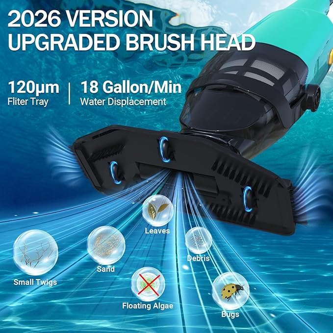 Cordless Handheld Pool Vacuum for Above Ground Pools, 18GPM IPX8 60Mins Above Ground Pool Vacuum W/4-Section Pole for Leaves Sand Debris & Step Corner Wall, Pool Vacuum for Inground Pools Hot Tub Spa