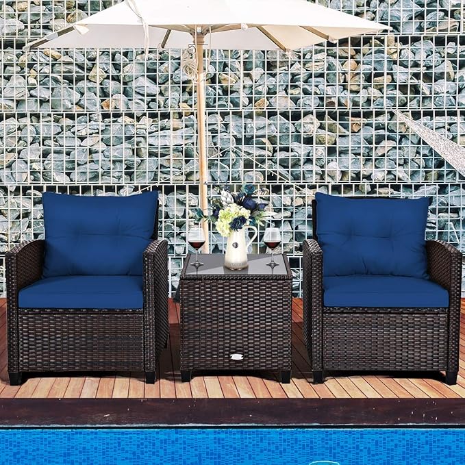 COSTWAY 3PCS Patio Furniture Set, PE Rattan Wicker Sofa w/Washable Cushion and Coffee Table, Tempered Glass Tabletop, Outdoor Conversation Set for Balcony, Porch, Yard, Backyard, Lawn, Navy Blue