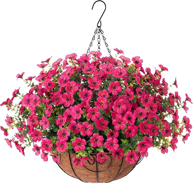 HyeFlora Artificial Fake Hanging Plants Flowers Basket for Outdoor Outside Porch Summer Decoration, Faux Silk Hotpink Dasiy UV Resistant Realistic in Planter for Home Patio Garden Yard