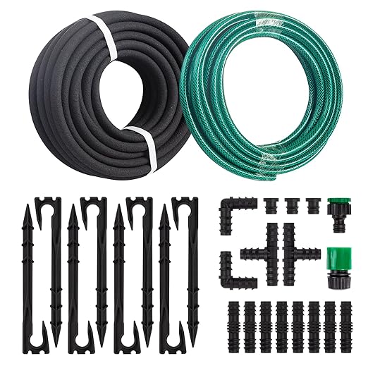 1/2 Inch x 50ft Soaker Hose Kit with 25ft PVC Garden Hose, Drip Irrigation Watering System with Reinforced Fittings, for Outdoor Garden, Yard, Lawn, Raised Flower Bed & Plants