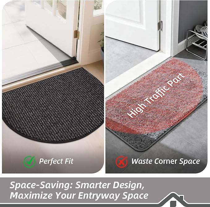 BEQHAUSE Dirt Trapper Door Mat 24" x 36" Half Circle Non-Slip Washable Doormats Entrance Rugs Absorbent Welcome Low Profile Floor Mats for Front Back Door and Entryway, Black