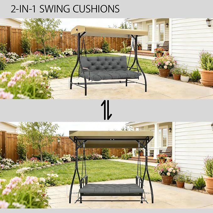 5 Inch Thick Waterproof Patio Porch Swing Cushions, 60x40 Inch 3 Seater Replacement Cushion with Backrest & 8 Ties, Fade-Resistant Outdoor Bench Swing Pad
