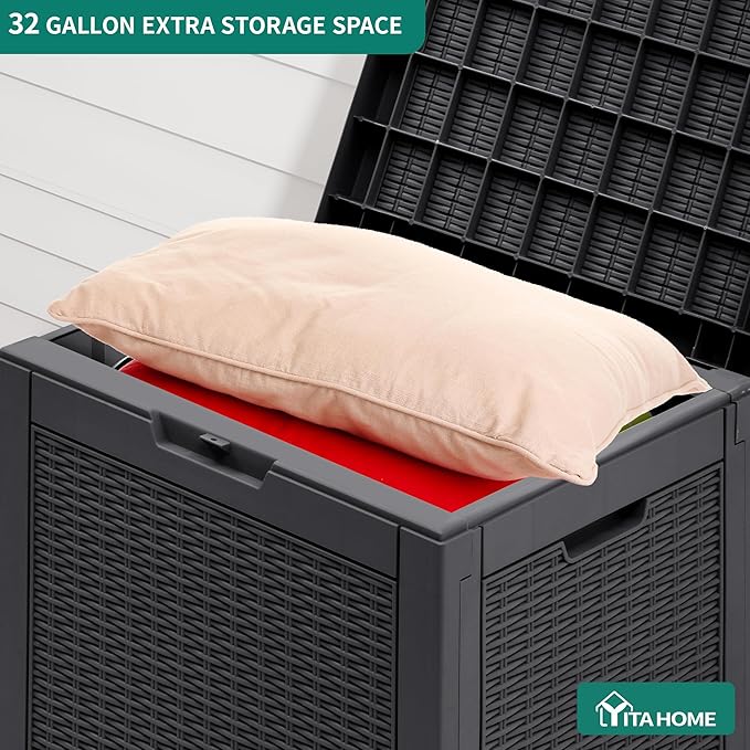 YITAHOME 32 Gallon Rattan Deck Box,Indoor Outdoor Storage Box for Patio Furniture,Pool Accessories, Cushions,Garden Tools, Sports Equipment, Waterproof Resin with Lockable Lid and Side Handles (Black)