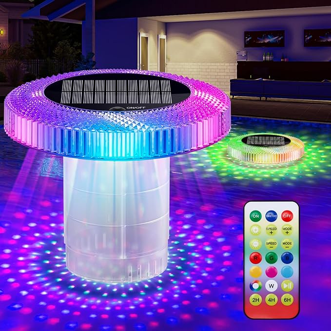 Solar Pool Chlorine Floater with Colorful Lights, Remote-Controlled Lights Adjustable Release Easy-Open Chlorine Floater Dispenser for Pool Large Capacity for 3'' or 1'' Tablets