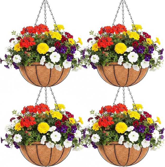 EIMQUVW Outdoor Metal Hanging Planters Basket (4pack, 8 inch) Hanging Baskets for Plants Chain Round Wire Plant Holder with Coco Fiber Liners for Garden, Patio, Deck, Porch