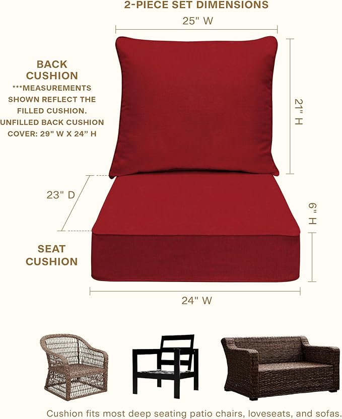 Honeycomb Outdoor Heritage Deep Seat, 24 x 23, Textured Solid Imperial Red Chair Cushion with Removable Cover, for Patio Furniture