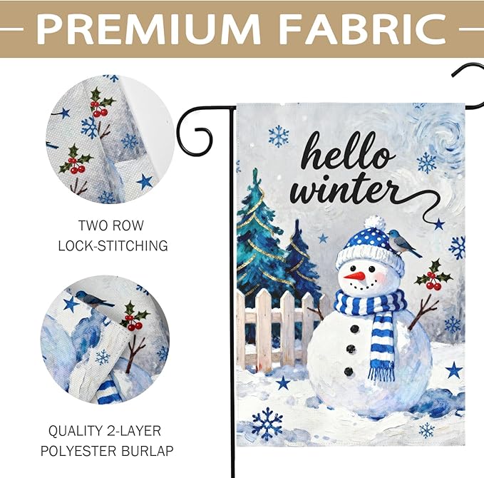 Hello Winter Snowman Garden Flag 12x18 Inch Snowflake Tree January Decorative Yard Flags for Outside Double Sided Christmas Holiday Seasonal Outdoor Home Farmhouse Decoration Porch New Year Decor