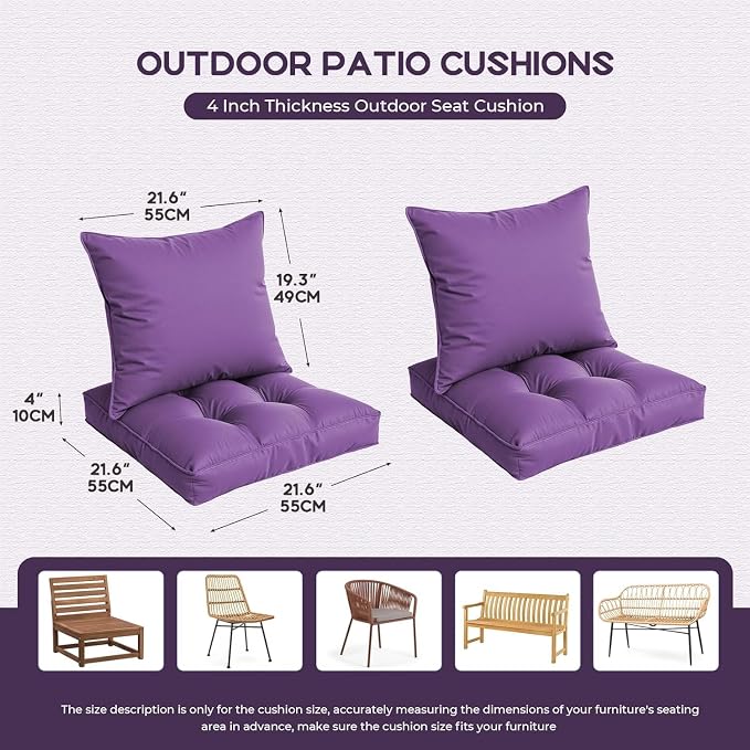 Waterproof Outdoor Chair Cushions Set of 2, Patio Cushions for Outdoor Furniture Water-Resistant & Fade-Resistant, Deep Seat & Back Cushion for Wicker Sofa, 22x22 Inch (Purple) #FX