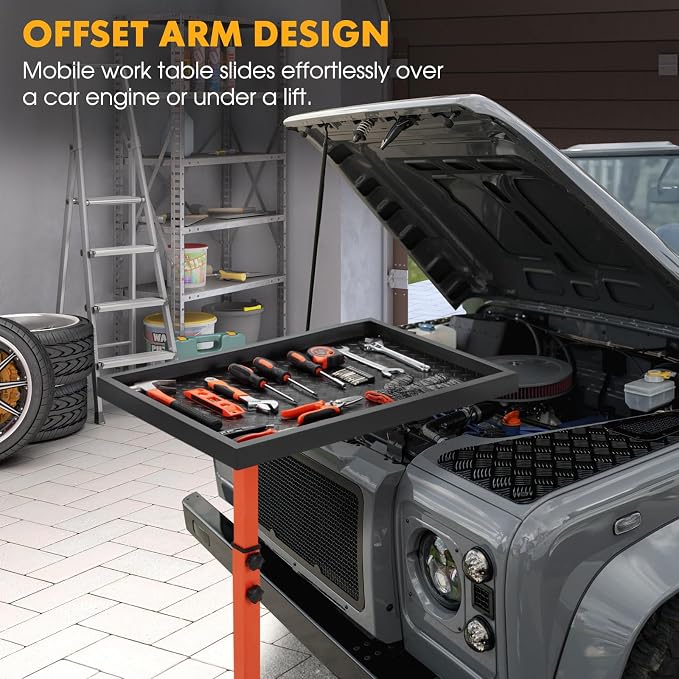 OLBRUS Adjustable Work Table with Wheels, Mechanic Rolling Tool Tray Table for Garage Repair Shops DIY, 220LBS Capacity Mobile Heavy Duty Steel Tool Cart (Orange)