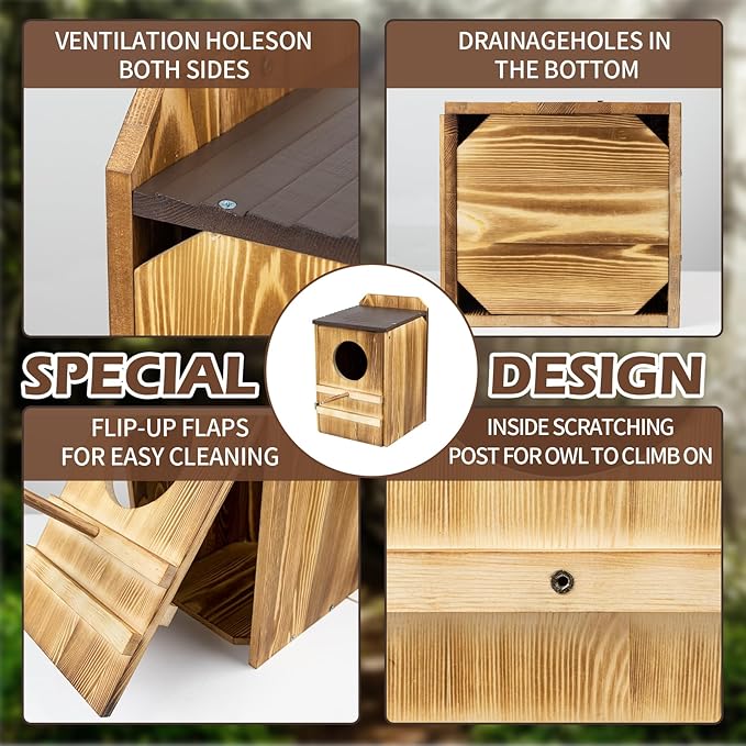9'' x 14.5'' Owl House for Outdoor, Screech Owl House, Bird Box Large Handmade Wooden Circular Opening Screech Box for Outside with Mounting Screws and A Bag of Wood Shavings