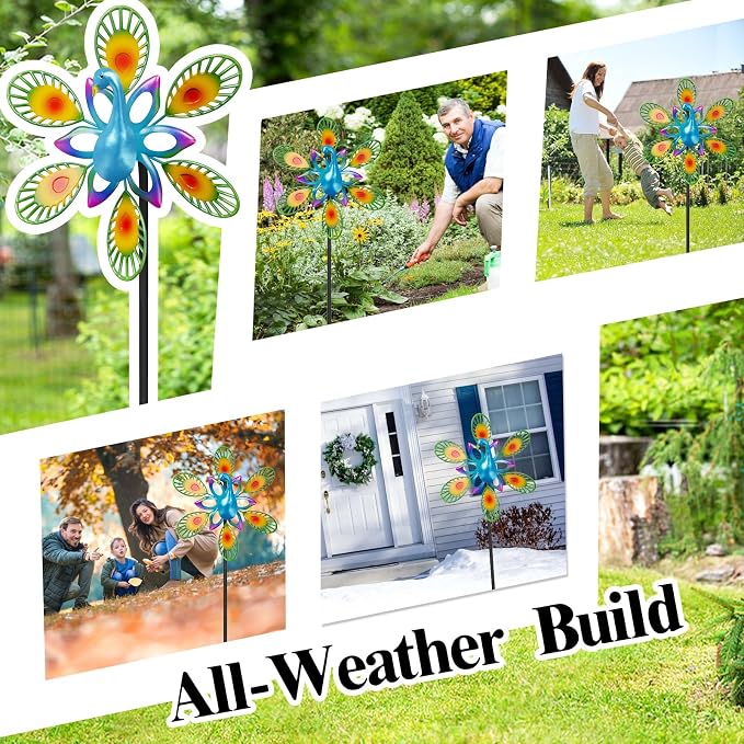 Metal Wind Spinners Outdoor, 360° Wind Sculpture Spinner with Metal Stake, Waterproof Spinners Green Kinetic Wind Spinner for Yard Lawn Decor (Peacock A)