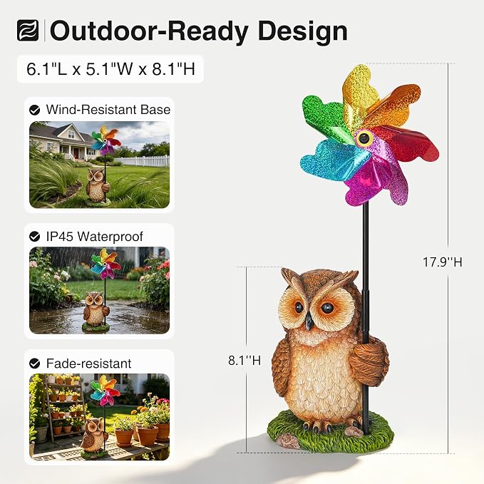 Owl Wind Spinners Garden Decor, Outdoor Resin Yard Statue & Colorful Reflective Spinners for Flower Bed, Lawn, Backyard Outdoor Decor Gifts for Women, Garden Lover